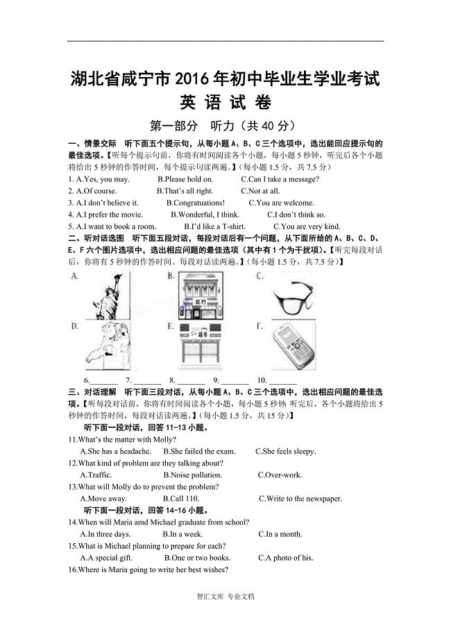 2016年咸宁市中考英语试卷及答案