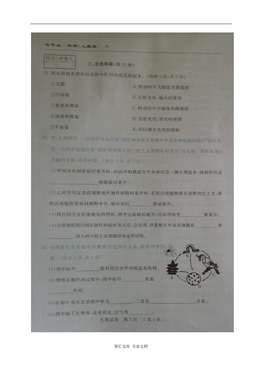 省命题吉林省名校调研2016-2017学年七年级生物期中试卷及答案_第3页