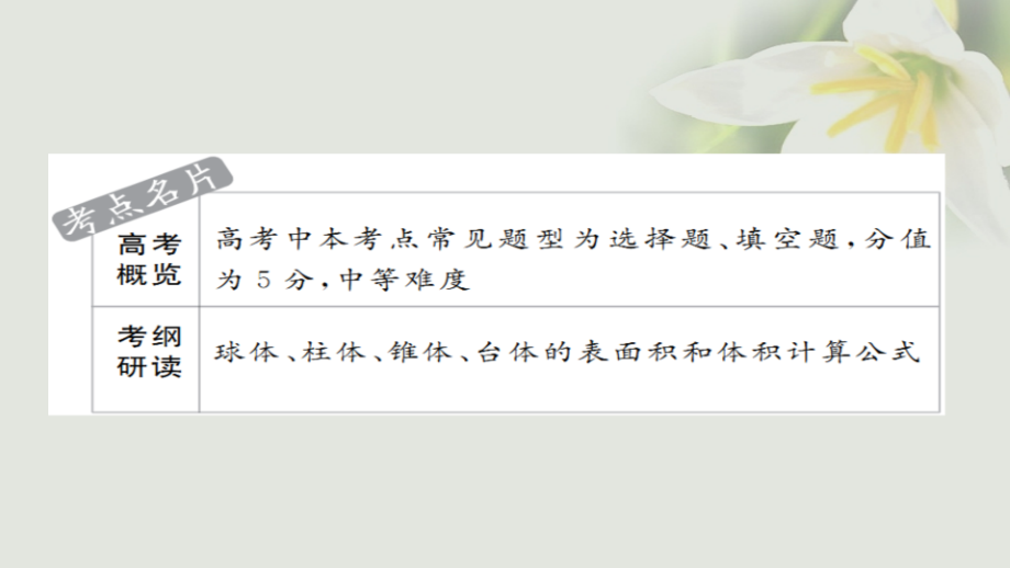 2018年高考数学考点通关练第六章立体几何41空间几何体的表面积和体积课件(文科)_第2页