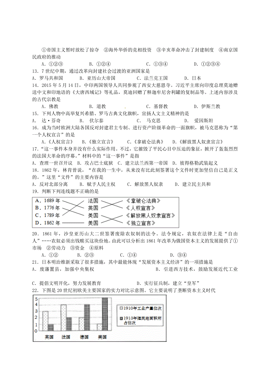 江苏省阜宁县实验初级中学2016届九年级历史上学期第三次阶段考试试题 新人教版_第2页