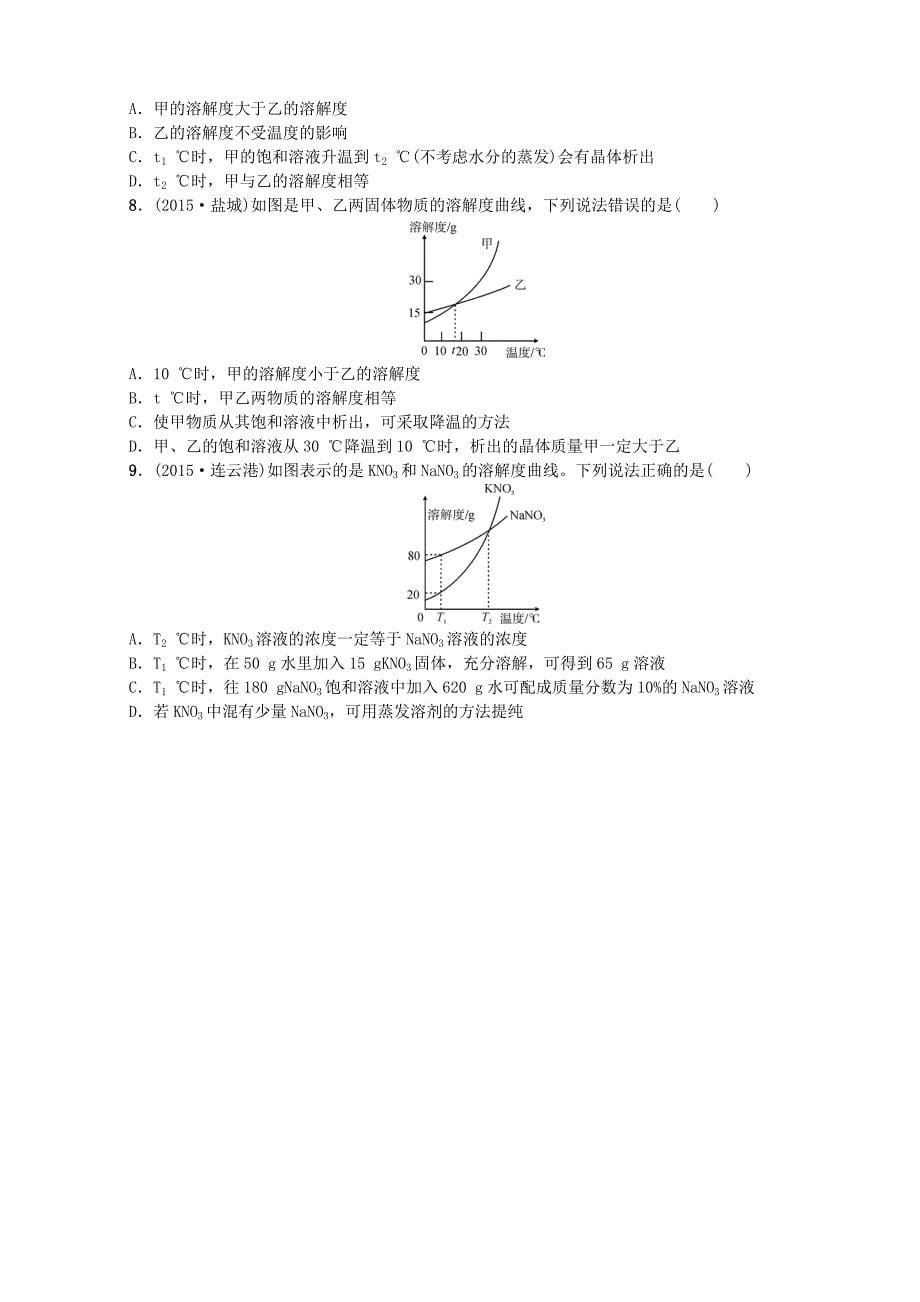 河北省中考化学 第一单元 身边的化学物质 第5讲 溶液的形成及溶解度专项训练 新人教版_第5页