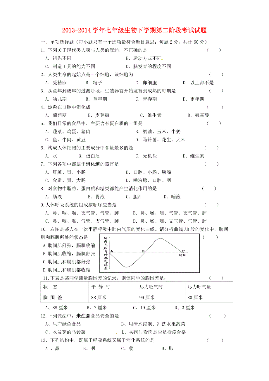 广东省东莞市寮步信义学校2013-2014学年七年级生物下学期第二阶段考试试题 新人教版_第1页