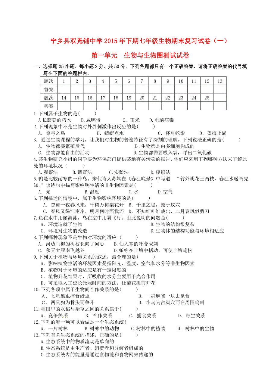 湖南省长沙市宁乡县双凫铺中学2015年下期七年级生物上学期期末复习试卷（一) 新人教版_第1页