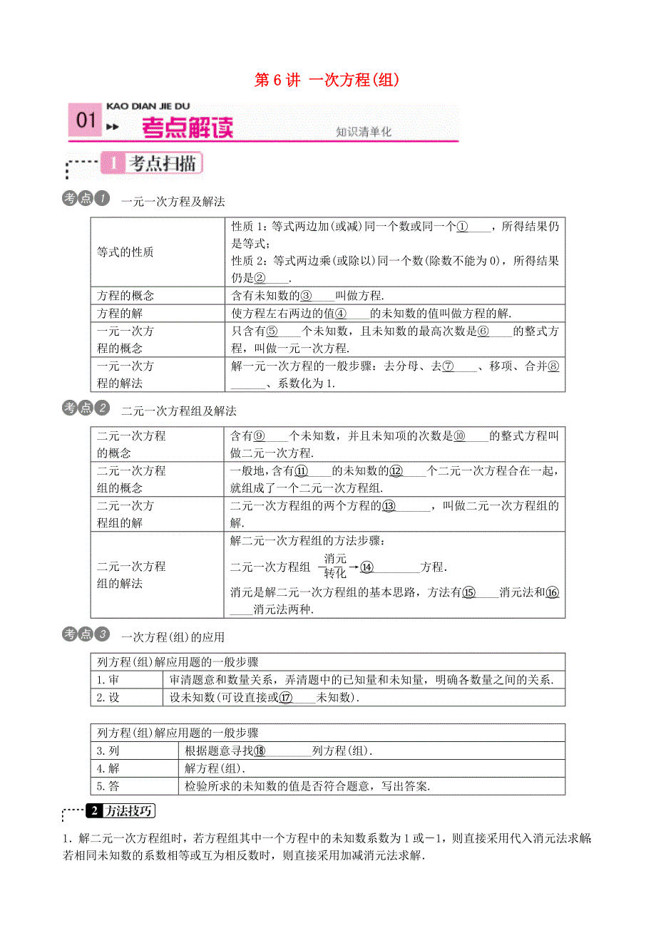 2016中考数学复习集训 第6讲 一次方程（组)_第1页