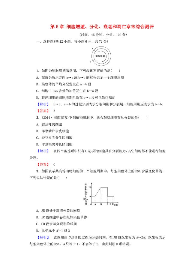 2016-2017学年高中生物第5章细胞增殖分化衰老和凋亡章末综合测评苏教版必修