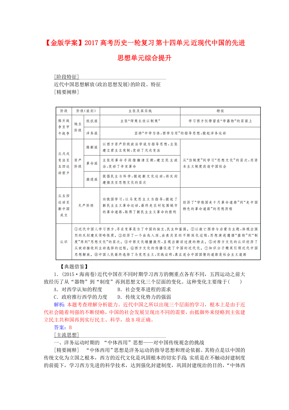 2017高考历史一轮复习第十四单元近现代中国的先进思想单元综合提升_第1页