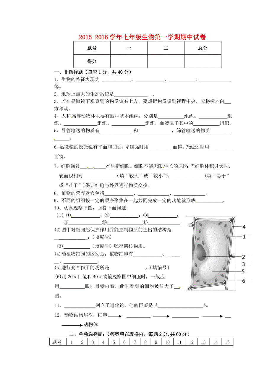 广东省揭阳市揭西县张武帮中学2015-2016学年七年级生物上学期期中试题 新人教版_第1页