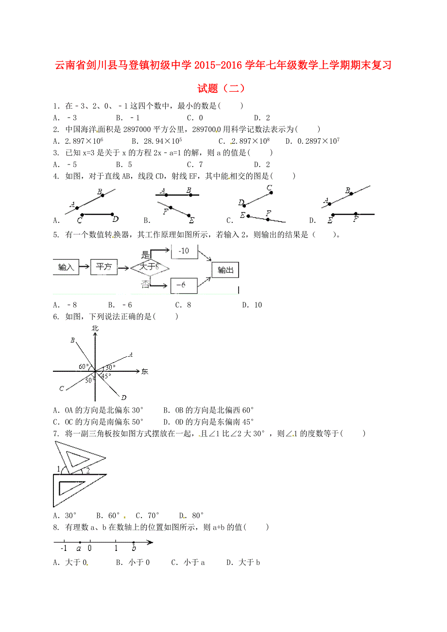 云南省剑川县马登镇初级中学2015-2016学年七年级数学上学期期末复习试题二 新人教版_第1页