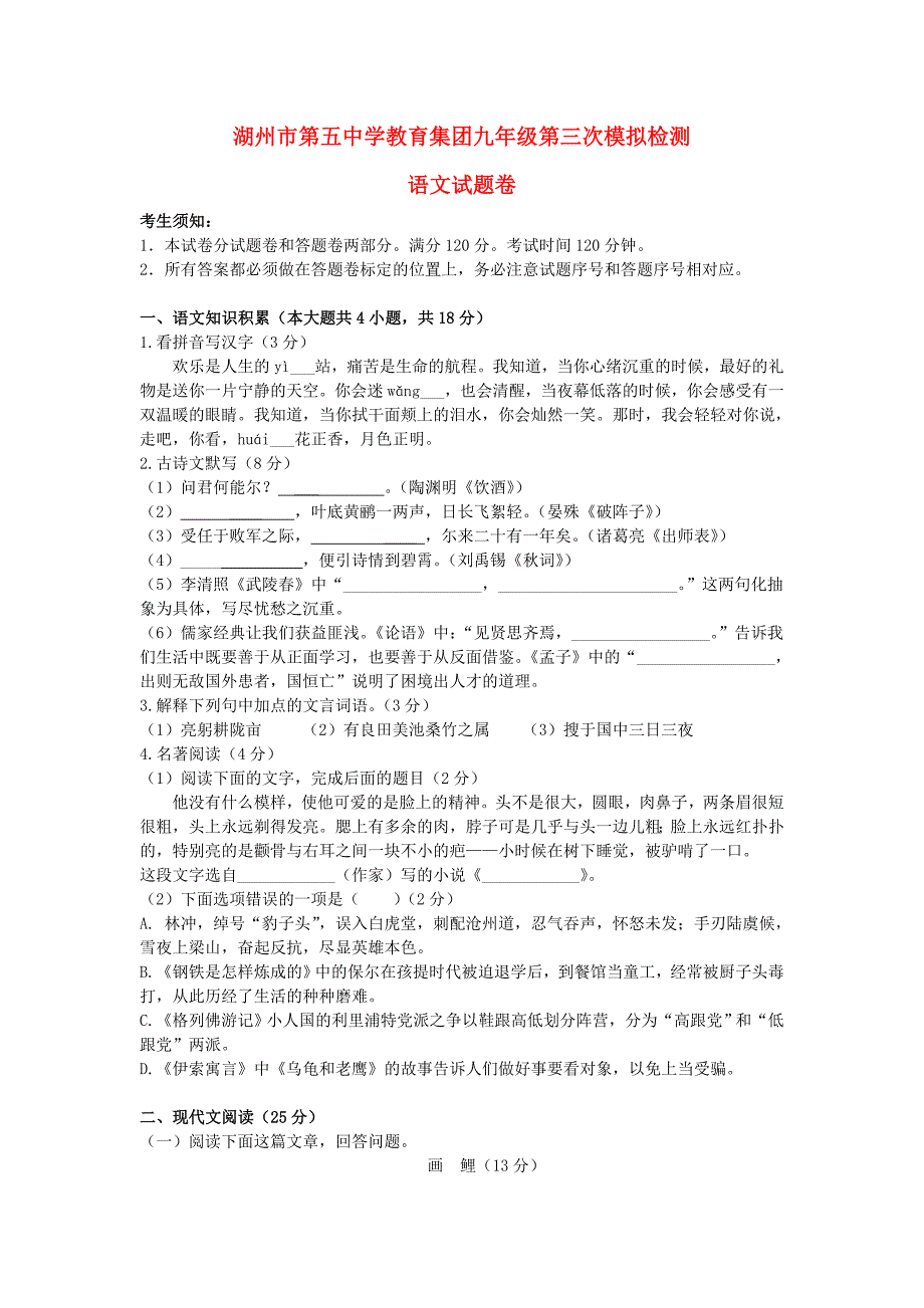 浙江省湖州市第五中学教育集团2015届九年级语文第三次模拟检测试题 新人教版_第1页