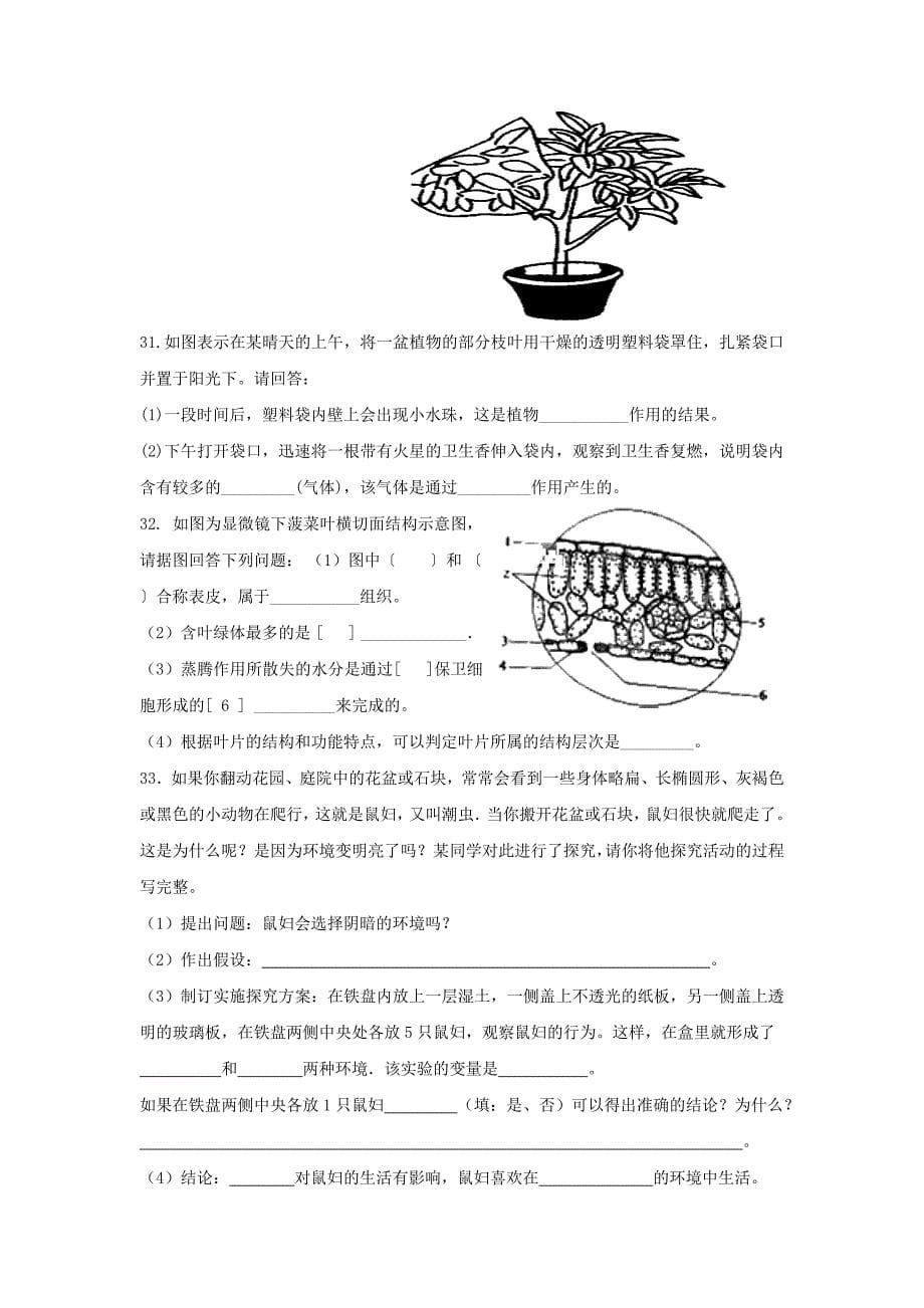 山东省潍坊市2015-2016学年七年级生物第一学期期中试题 新人教版_第5页