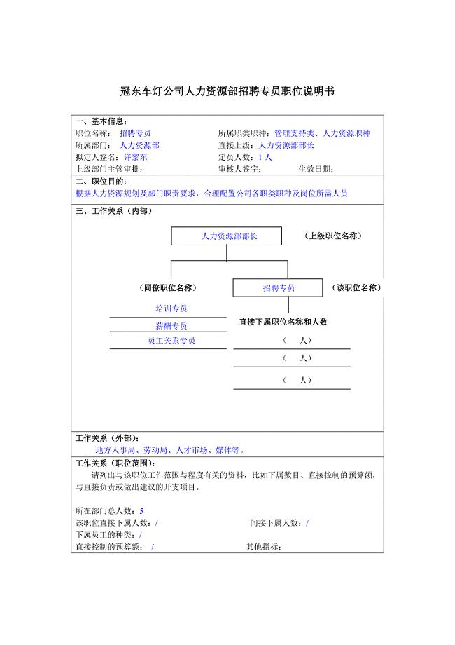 XX车灯公司人力资源部招聘专员职位说明书