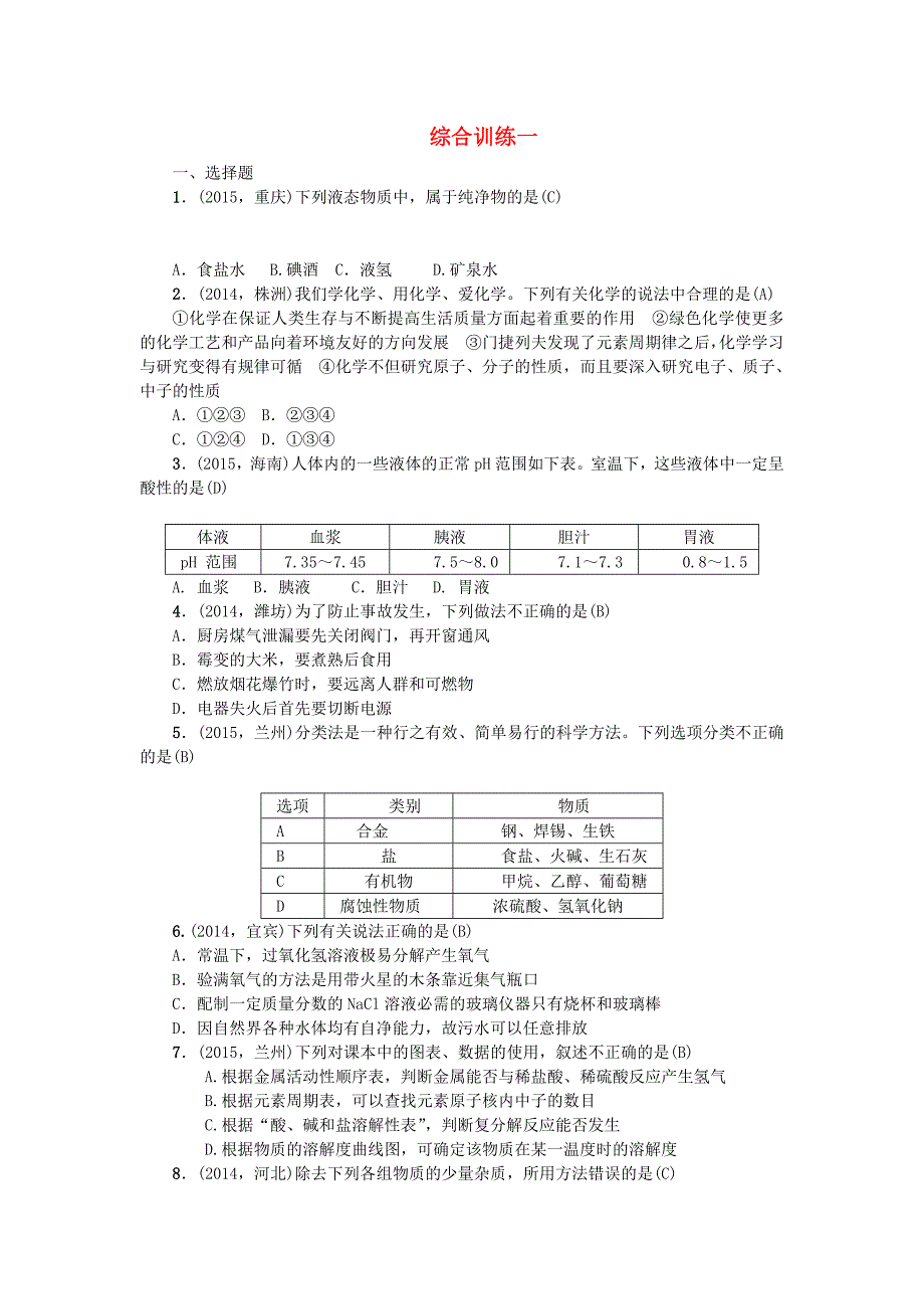 甘肃省2016中考化学综合训练一_第1页