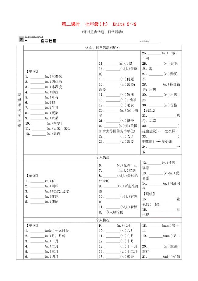 河北省中考英语总复习 第二课时 七上 units 5-9试题 人教新目标版