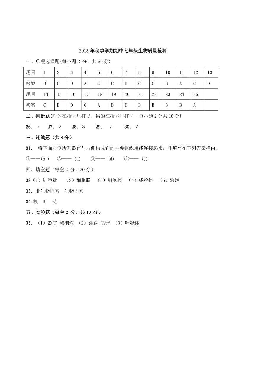 广西省桂林市灌阳县2015年秋季七年级生物期中质量检测试卷试题 新人教版_第5页