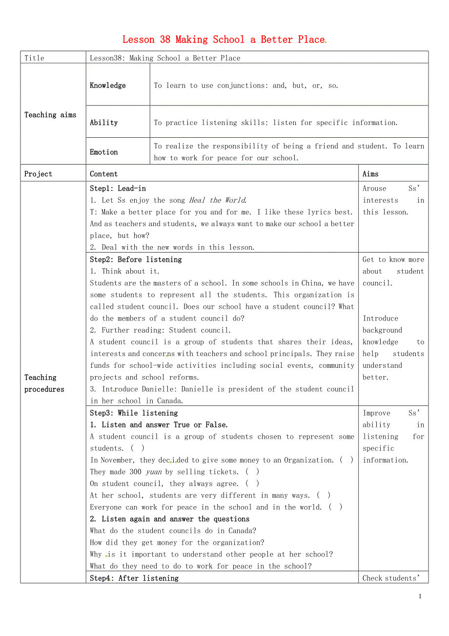 九年级英语下册 unit 7 work for peace lesson 38 making school a better place教学设计 （新版）冀教版_第1页