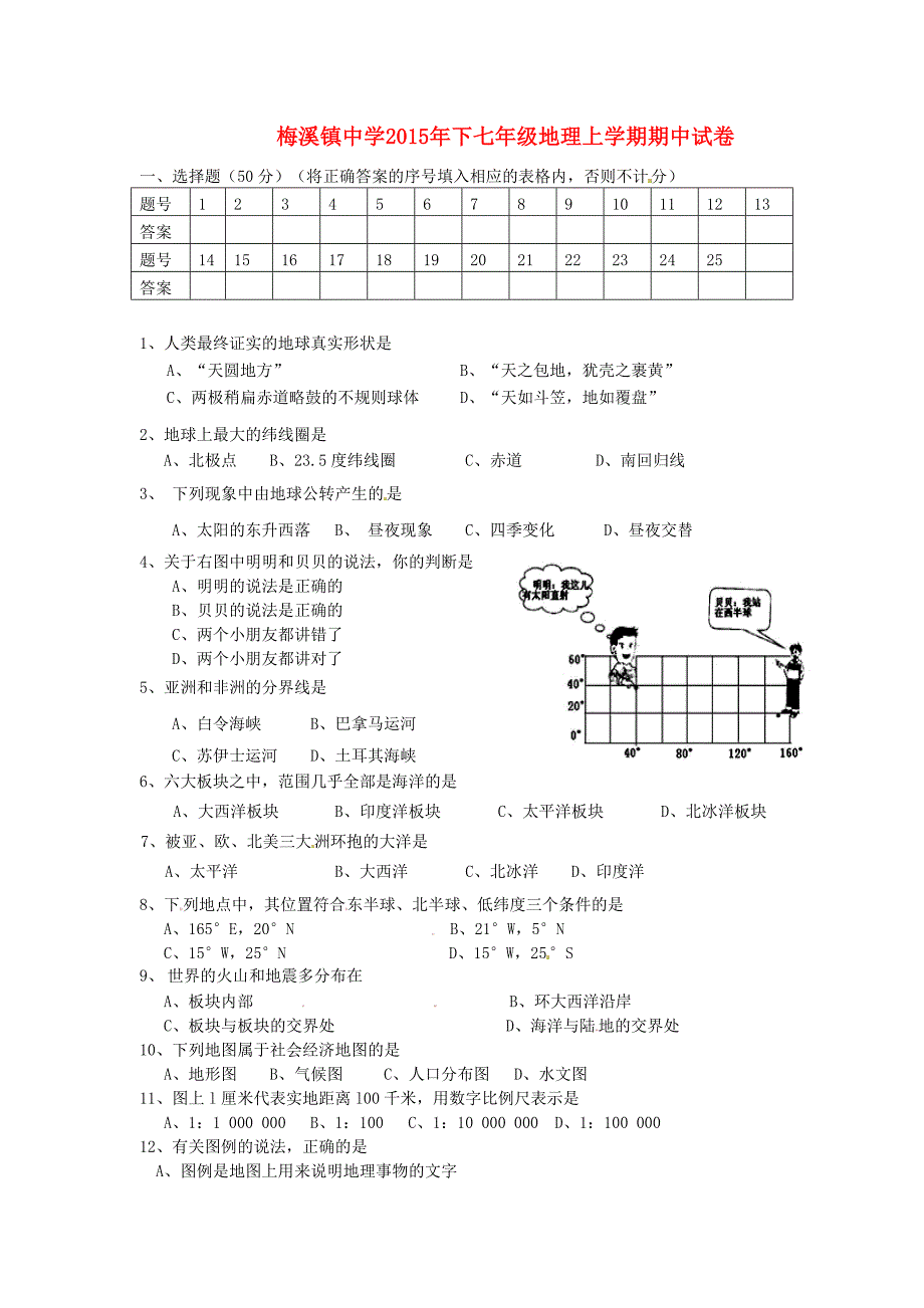 湖南省祁阳县梅溪镇中学2015-2016学年七年级地理上学期期中试卷 湘教版_第1页