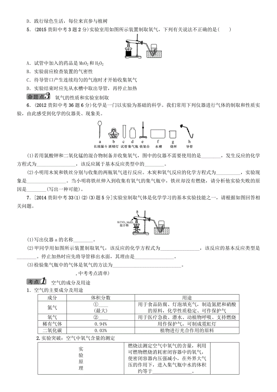 中考命题研究（贵阳专版)2016中考化学 教材知识梳理精讲 课时1 空气、氧气_第2页