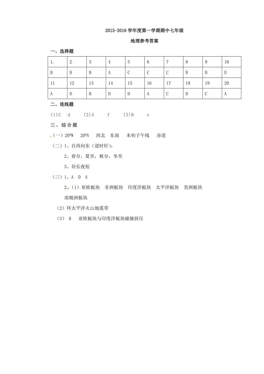 山西省阳泉十八中2015-2016学年七年级地理上学期期中试题 新人教版_第5页