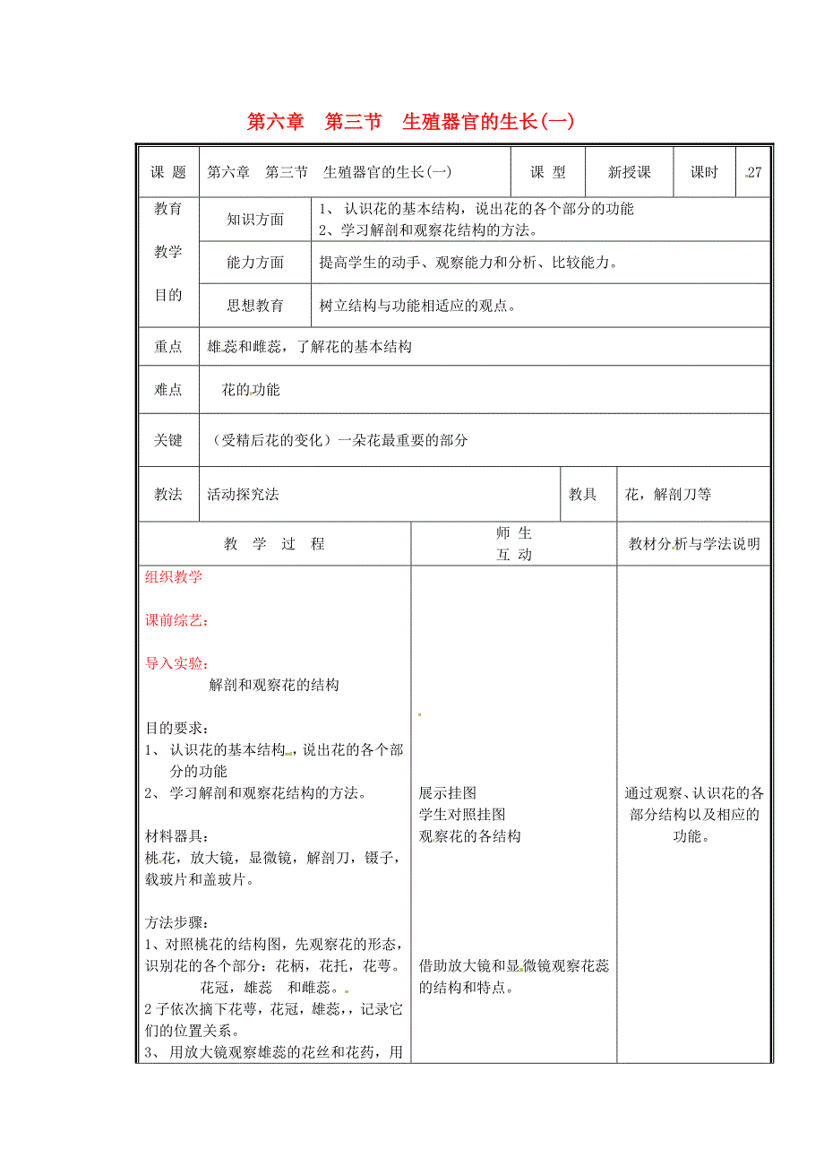 七年级生物上册 第三单元《生物圈中的绿色植物》第6章 绿色开花植物的生活史 6.3 生殖器官的生长（一）教案 （新版）北师大版_第1页