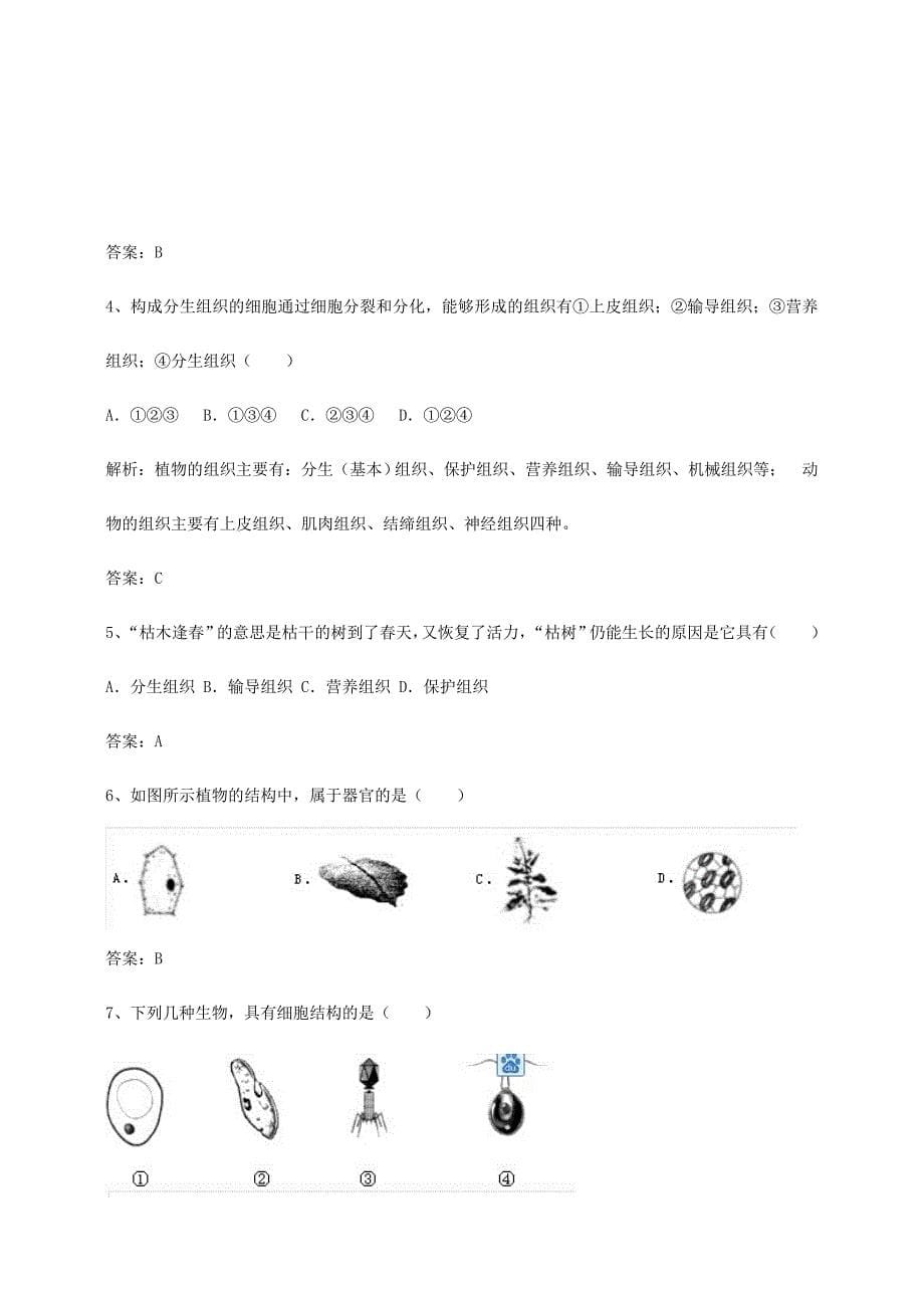 七年级生物上册 2.2.3-2.2.4 植物体的结构层次、单细胞生物同步测试(新版)新人教版_第5页