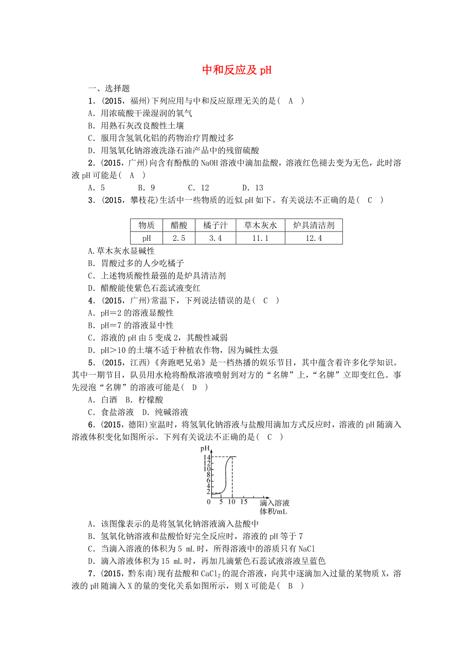 山西省2016中考化学 第9讲 中和反应及ph习题_第1页