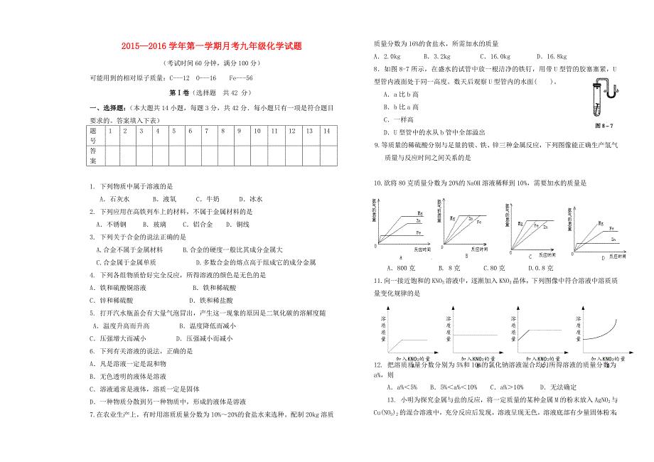 广东省实验学校2015-2016学年九年级化学上学期11月月考试题 新人教版