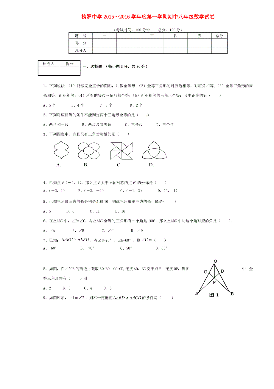 甘肃省定西市通渭县榜罗中学2015-2016学年八年级数学上学期期中试题 新人教版_第1页