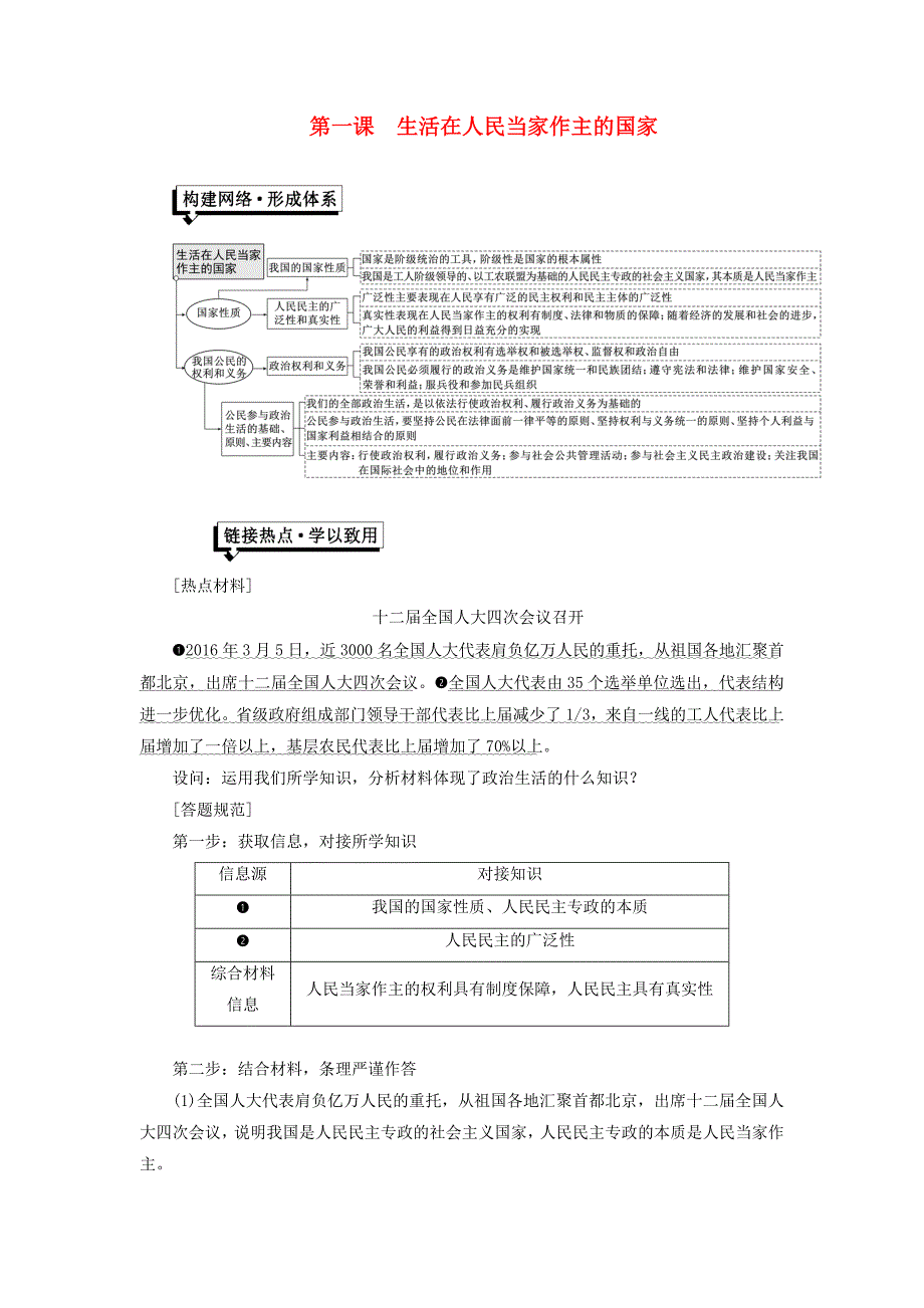 2017-2018学年高中政治 第一单元 公民的政治生活 第一课 生活在人民当家作主的国家小结与测评 新人教版必修2_第1页