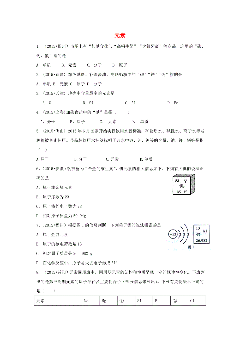 2016中考化学 高频热点题专练 元素_第1页