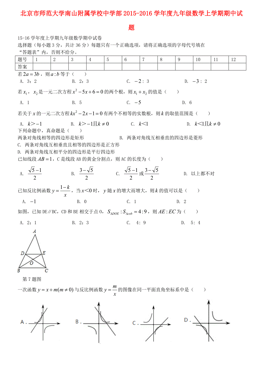 北京市师范大学南山附属学校中学部2015-2016学年度九年级数学上学期期中试题_第1页