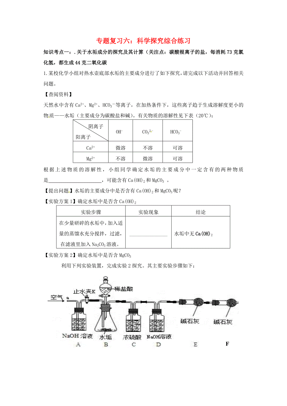 江苏省盐城市亭湖新区实验学校2015届中考化学专题复习六 科学探究提醒举例_第1页