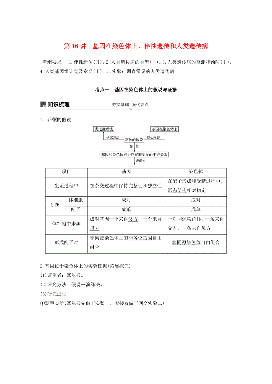 2018-2019学年高考生物大一轮复习 第五单元 遗传的基本规律和人类遗传病 第16讲 基因在染色体上、伴性遗传和人类遗传病学案_第1页