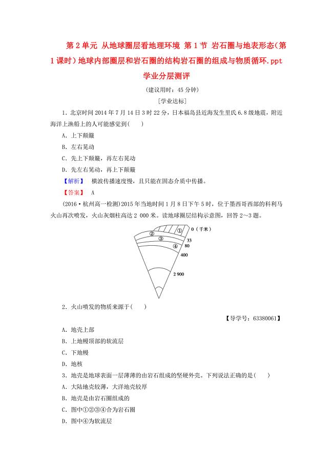 2016-2017学年高中地理第2单元从地球圈层看地理环境第1节岩石圈与地表形态第1课时地球内部圈层和岩石圈的结构岩石圈的组成与物质循环学业分层测评鲁教版必修