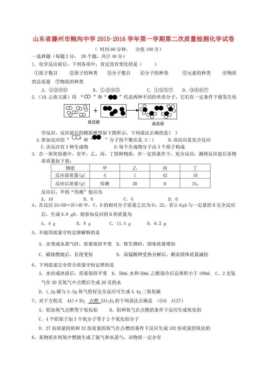 山东省滕州市鲍沟中学2016届九年级化学上学期第二次质量检测试题 鲁教版_第1页