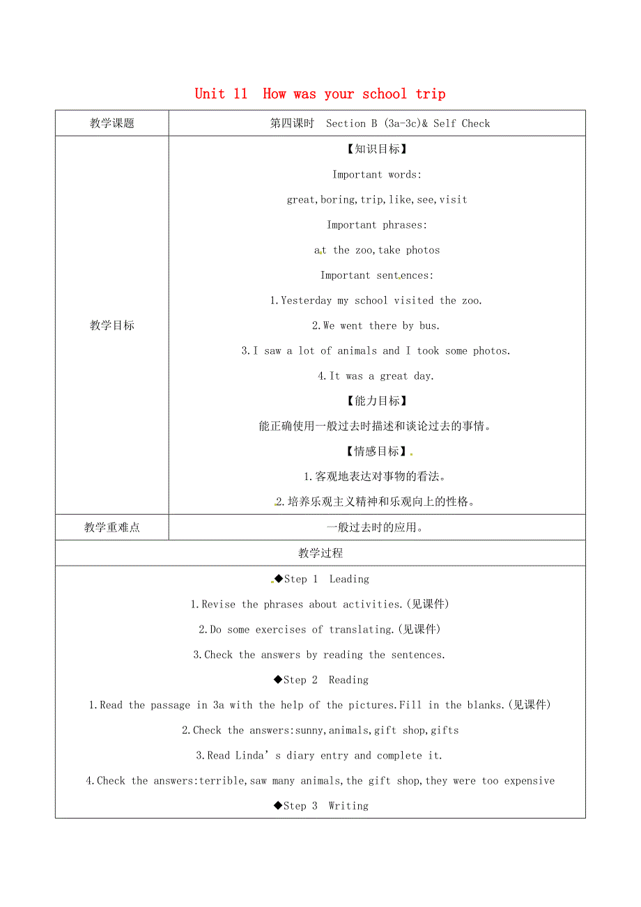 七年级英语下册 unit 11 how was your school trip（第4课时）section b（3a-3c）& self check教案 （新版）人教新目标版_第1页