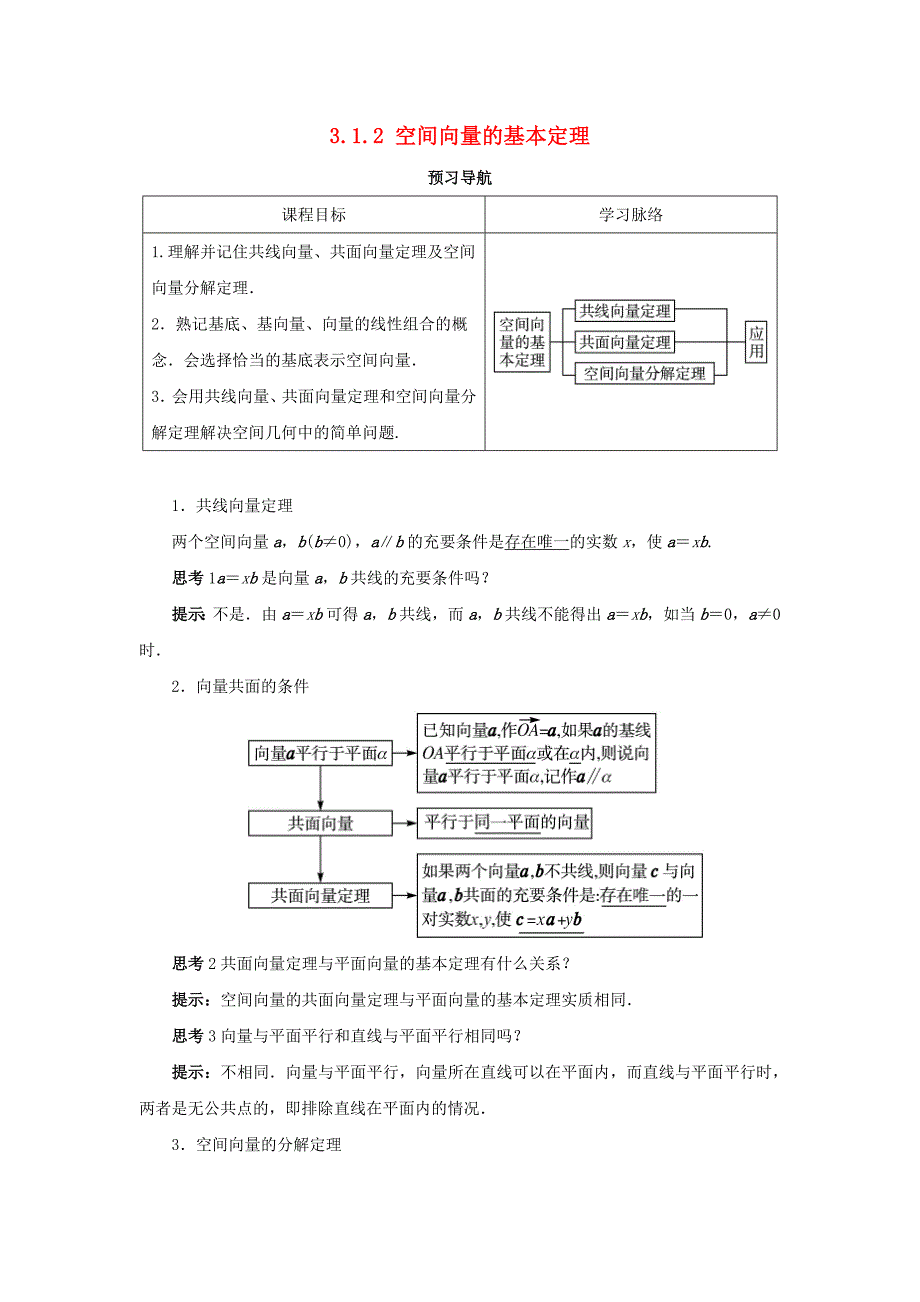 高中数学第三章空间向量与立体几何3.1空间向量及其运算3.1.2空间向量的基本定理预习导航学案新人教b版选修2_第1页