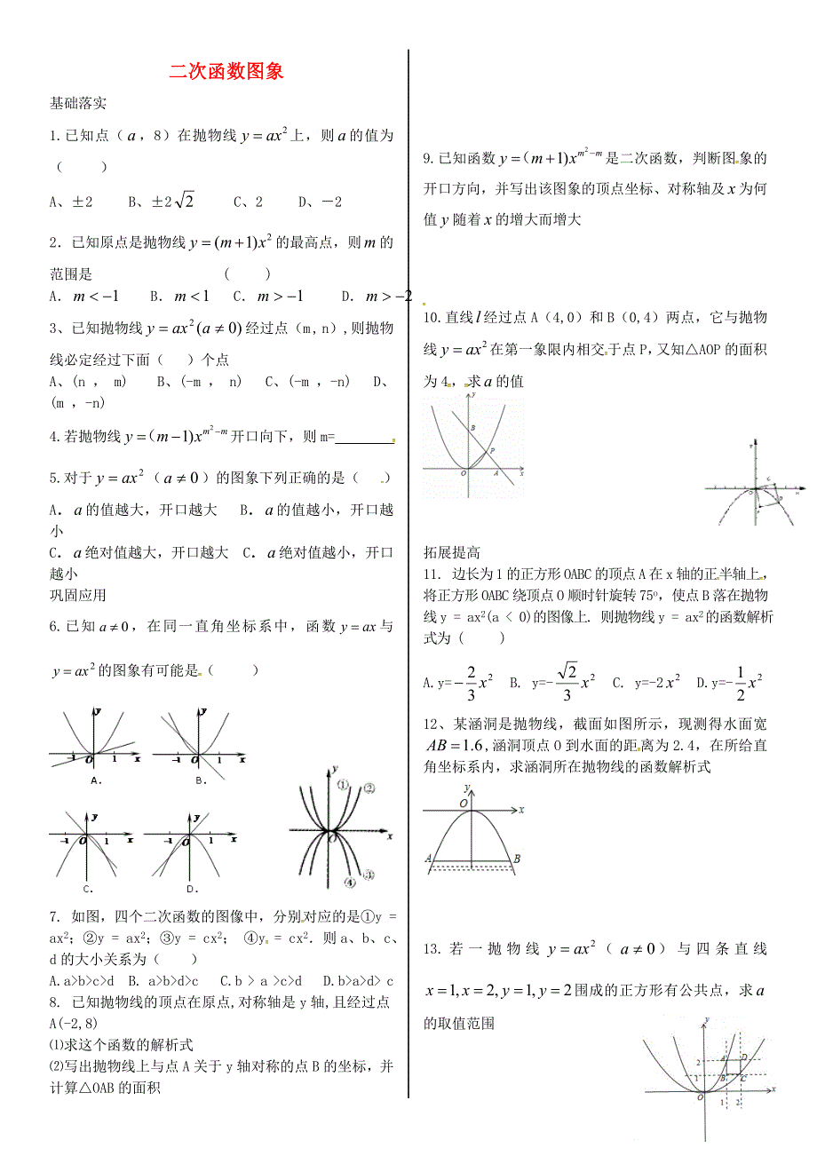 浙江省绍兴县杨汛桥镇中学2016届九年级数学上册 第一章 二次函数图象练习题（新版)浙教版_第1页