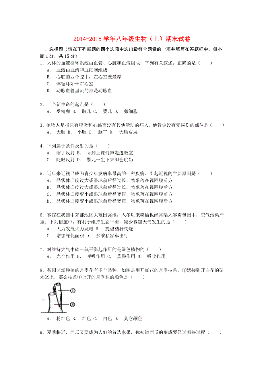 江苏省连云港市赣榆县2014-2015学年八年级生物期末试卷（含解析) 苏科版_第1页