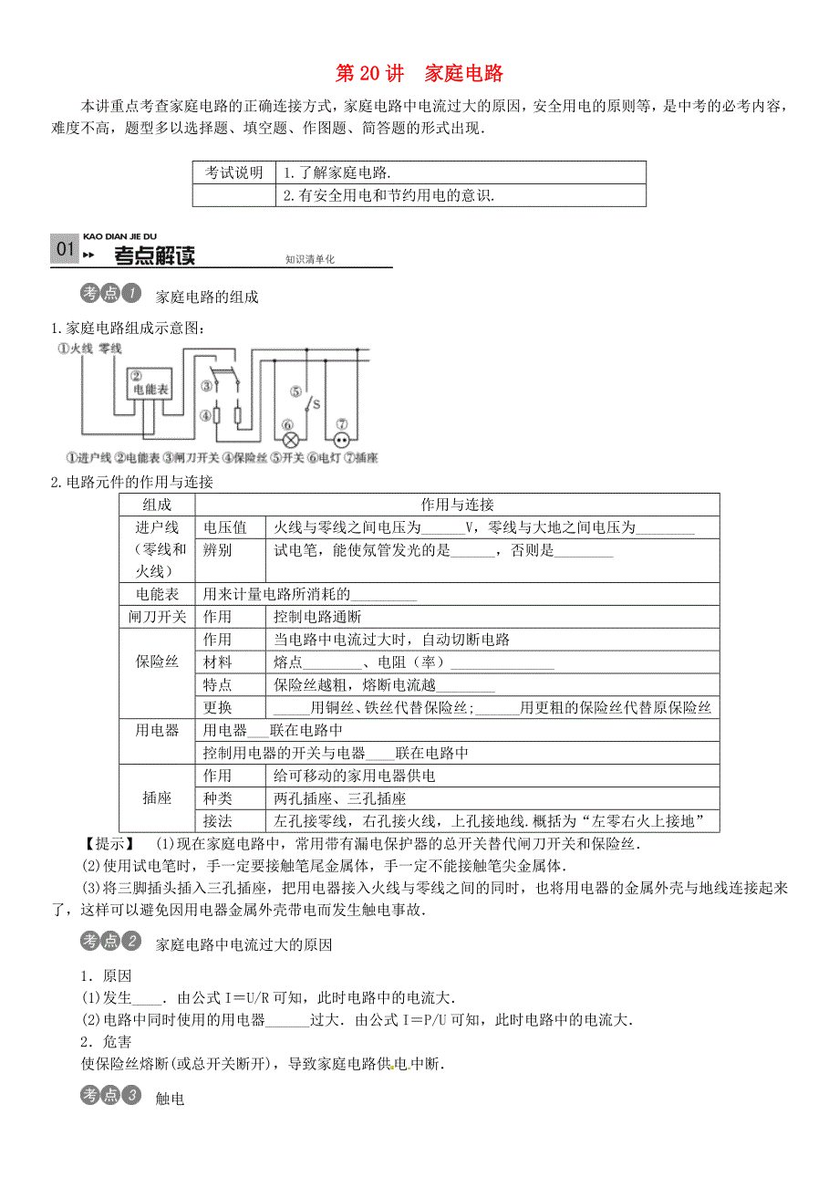 （贵州专版)2016中考物理考点复习 第20讲 家庭电路_第1页