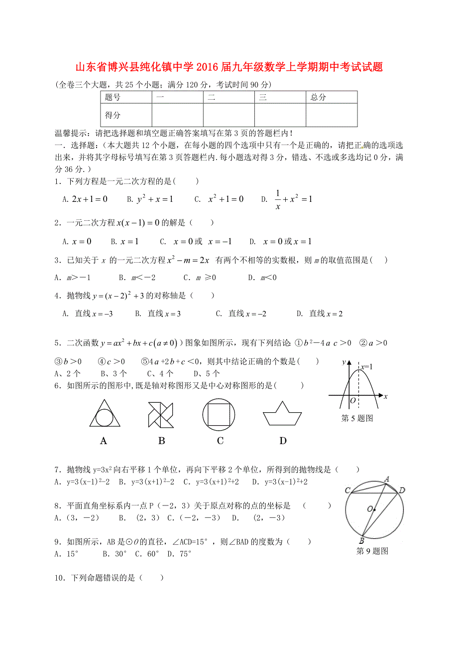 山东省博兴县纯化镇中学2016届九年级数学上学期期中试题 新人教版_第1页