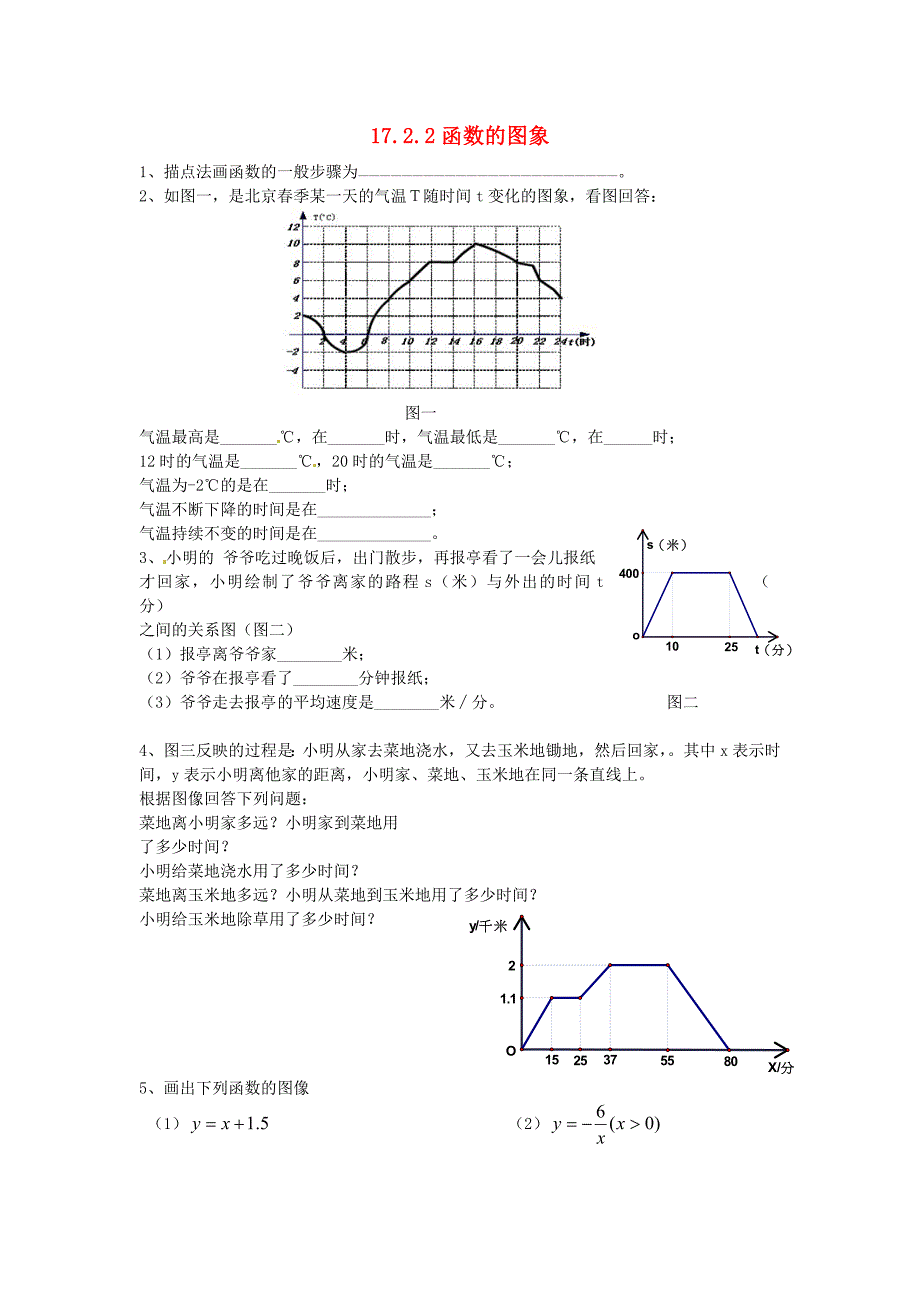 2016八年级数学下册 17.2.2 函数的图象课时训练1（无答案）（新版）华东师大版_第1页