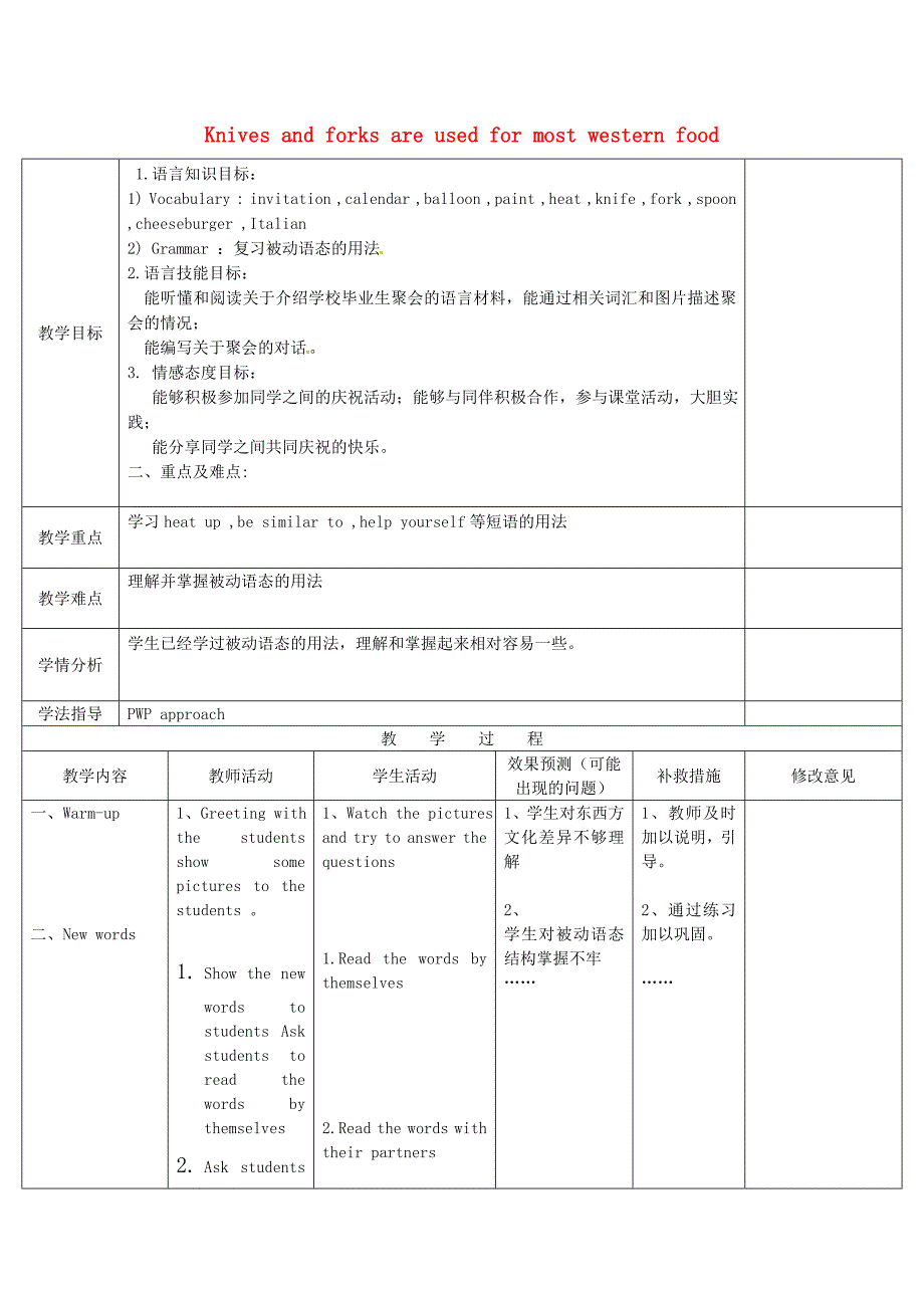 九年级英语下册《module 6 unit 2 knives and forks are used for most western food》教案 （新版）外研版_第1页
