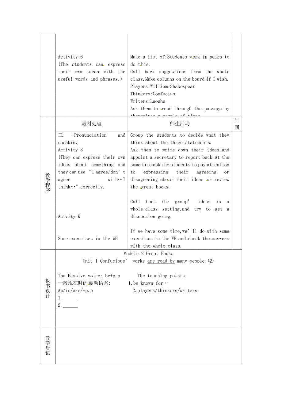 九年级英语上册《module 2 great books unit 1 confucius’s works are read by many people》教案（2） 外研版_第2页