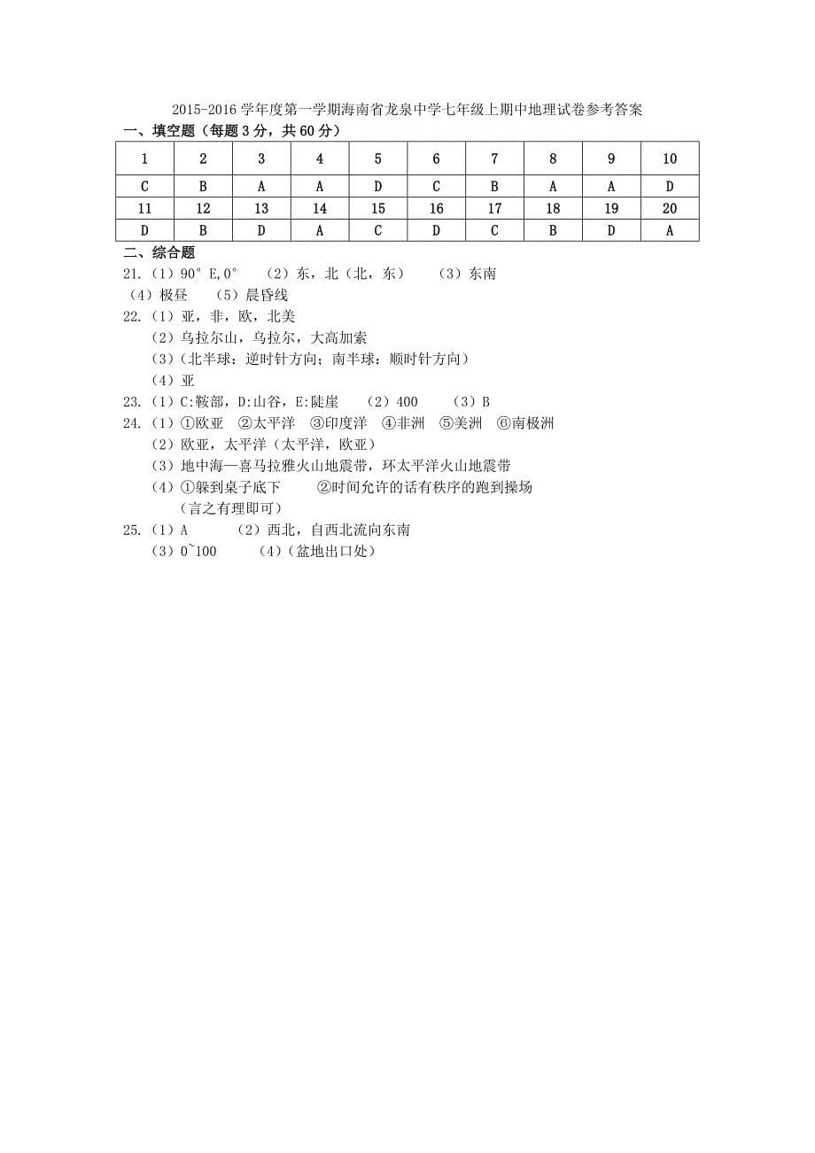 海南省龙泉中学2015-2016学年七年级地理上学期期中试卷 新人教版_第5页