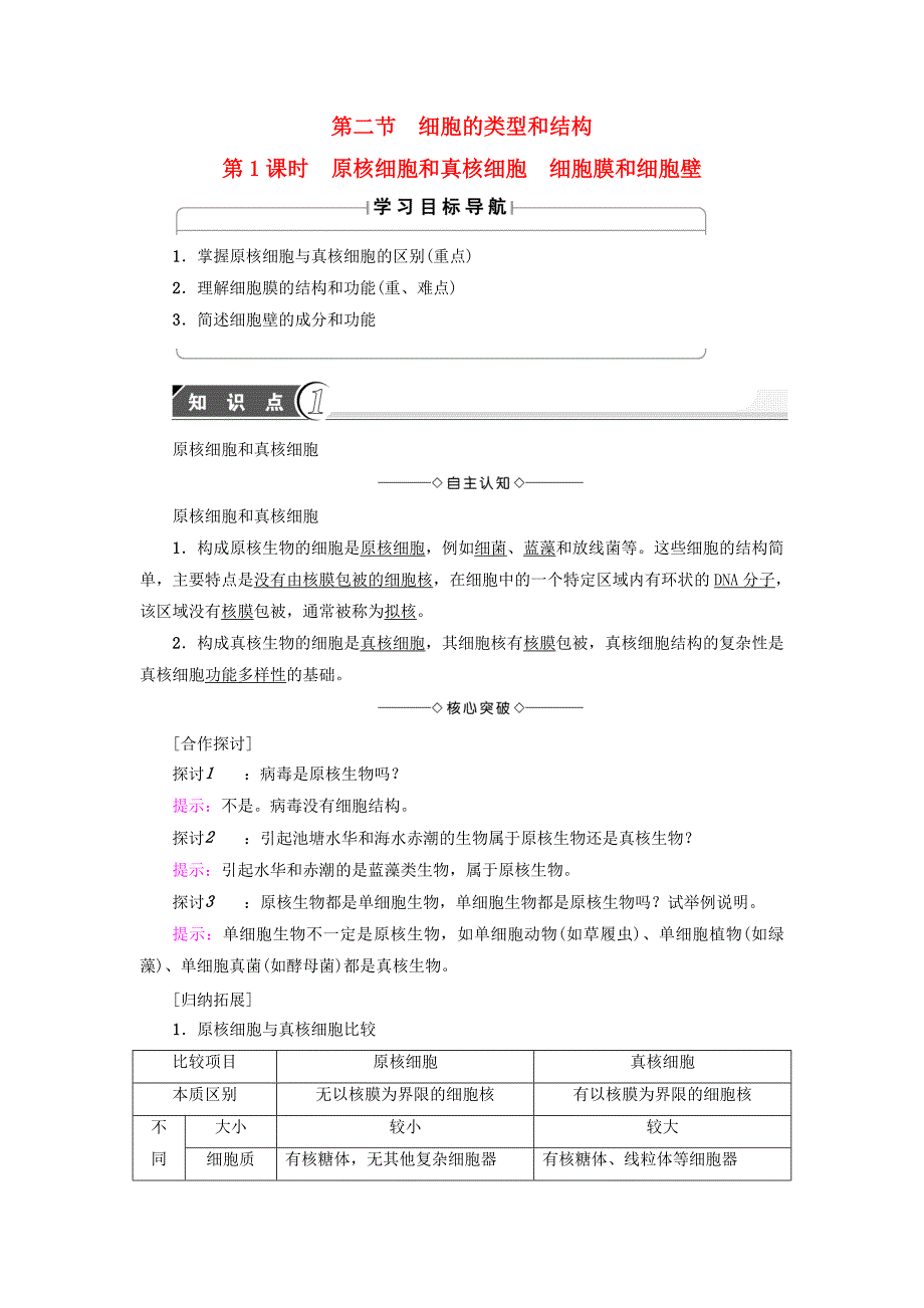 2016-2017学年高中生物第3章细胞的结构和功能第2节细胞的类型和结构第1课时原核细胞和真核细胞细胞膜和细胞壁学案苏教版必修_第1页