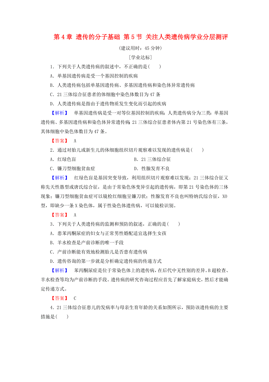 2016-2017学年高中生物第4章遗传的分子基础第5节关注人类遗传病学业分层测评苏教版必修_第1页