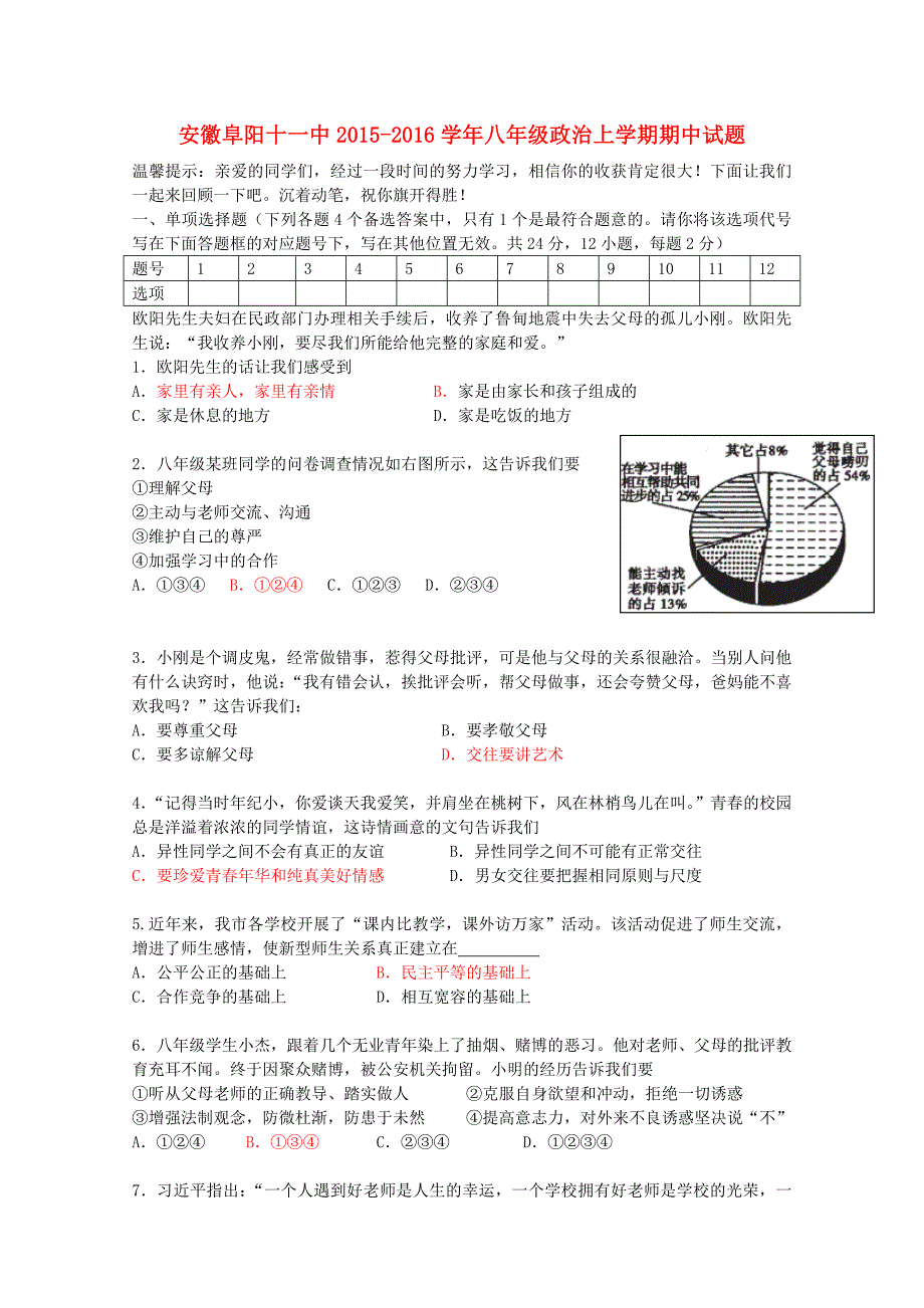 安徽阜阳十一中2015-2016学年八年级政治上学期期中试题 新人教版_第1页