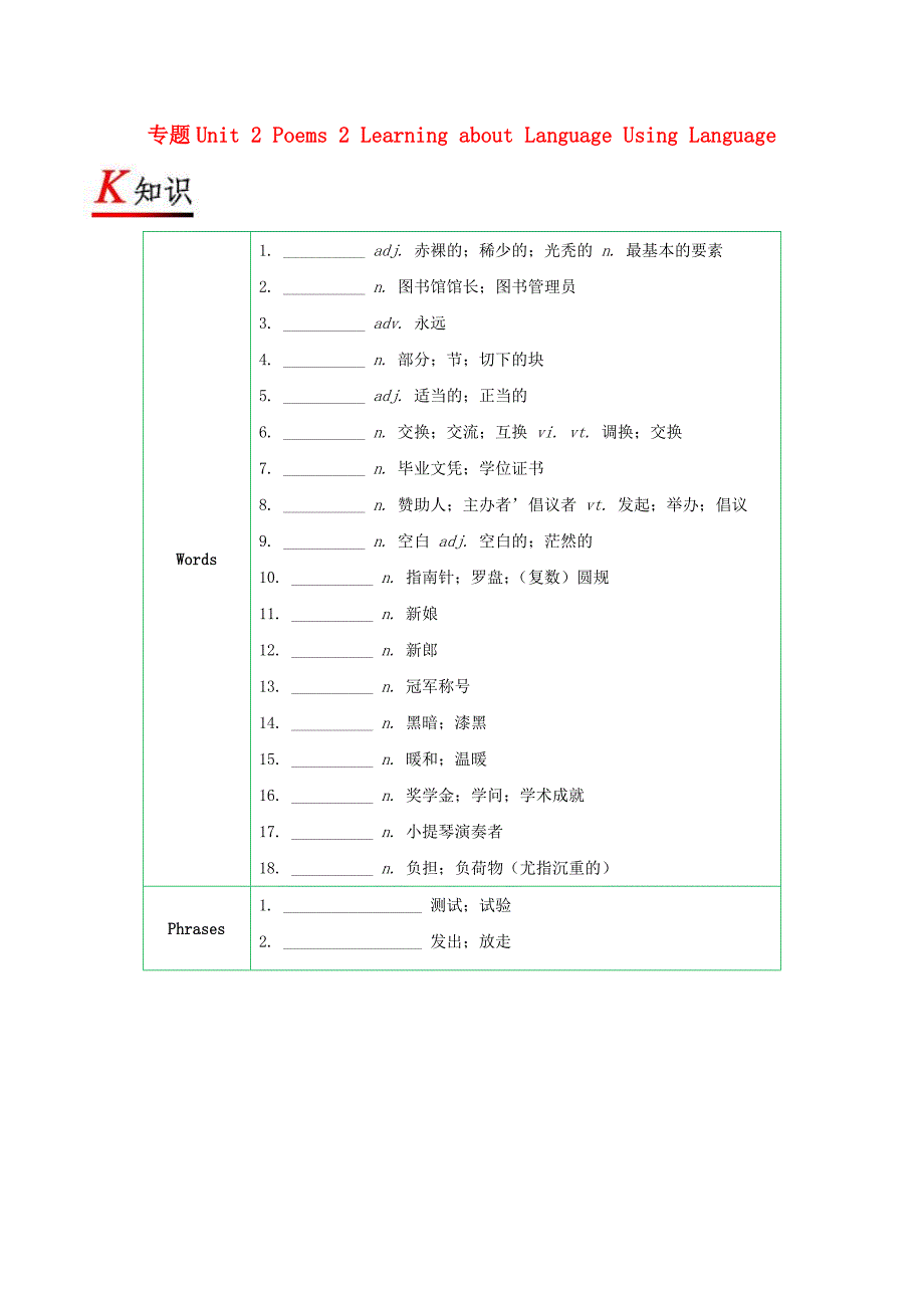 2017-2018学年高中英语 专题unit 2 poems 2 learning about language using language试题（含解析）新人教版选修6_第1页