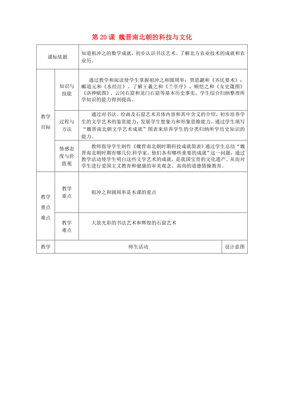 七年级历史上册第四单元三国两晋南北朝时期：政权分立与民族融合第20课魏晋南北朝的科技与文化教学设计新人教版_第1页