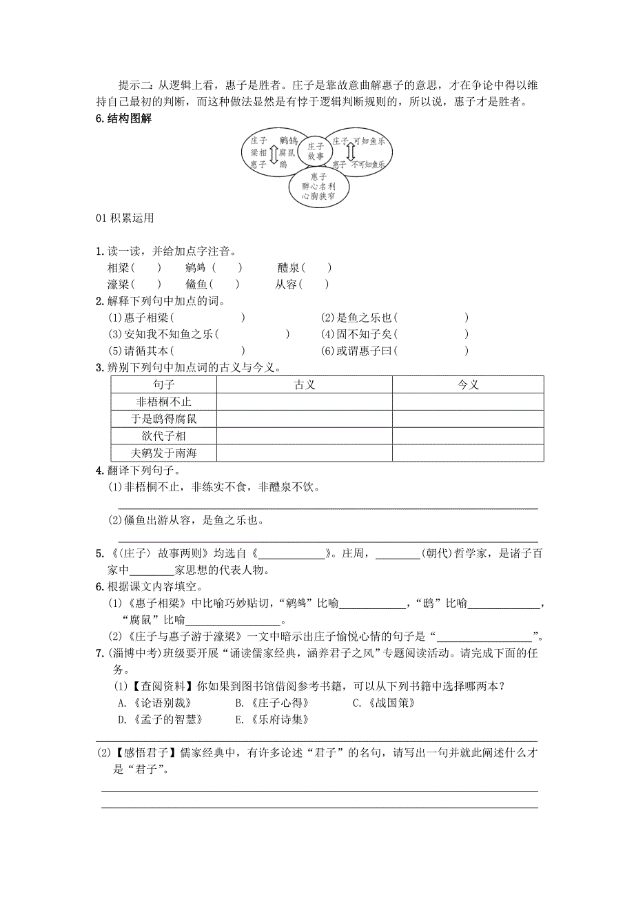 安徽省合肥市育英学校2016届九年级语文下册 20《庄子》故事两则习题 新人教版_第2页